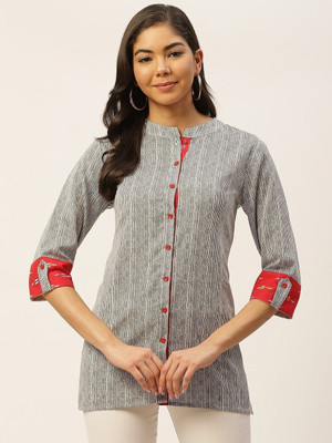 FABRIC FITOOR Casual 3/4 Sleeve Printed, Striped Women Grey Top