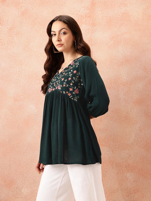 siddhanam Casual Self Design Women Dark Green Top