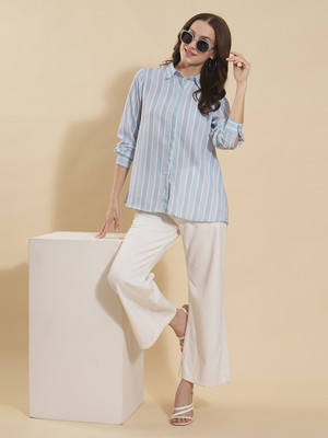 FashFun Formal 3/4 Sleeve Striped Women Blue Top