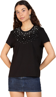 SIMPLICTEE Casual Embellished Women Black Top