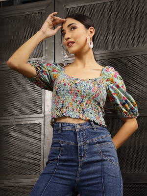 Dressberry Party Floral Print Women Blue Top