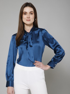 PURYS Casual Solid Women Blue Top