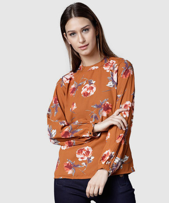 Tokyo Talkies Casual Cuffed Sleeve Printed Women Brown Top