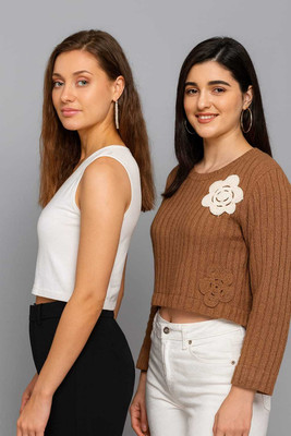 Jileba International Casual Self Design, Embellished, Solid Women Black, White Top