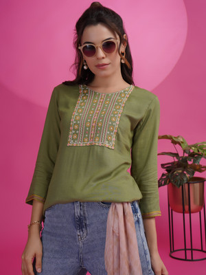 Youthnic Party Embroidered Women Green Top