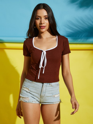 Aahwan Casual Solid Women Brown Top