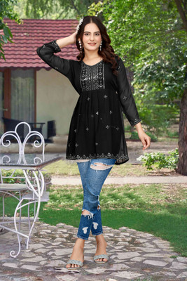 MAVEKRIZ Casual Embroidered Women Black Top