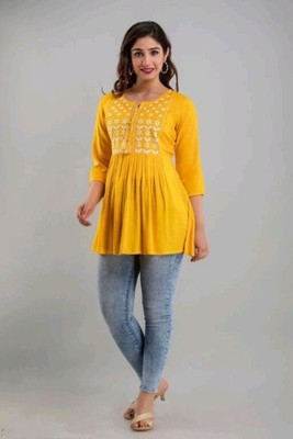 SSK FASHION Casual Embroidered Women Yellow Top