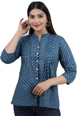Shree Swaminath Fashion Casual Floral Print Women Dark Blue Top