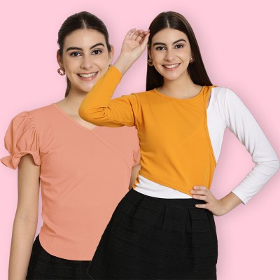 Tromko Casual Solid Women Yellow, White, Orange Top