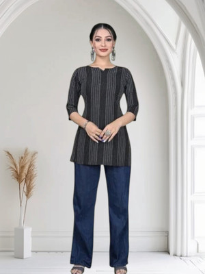 Texpa Creationma Women Striped A-line Kurta(Grey)