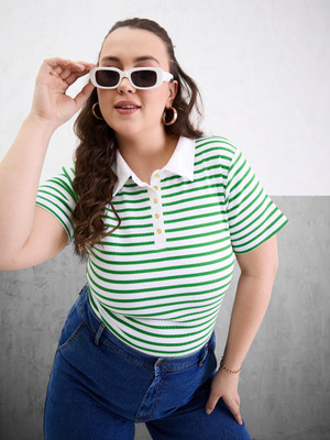 SASSAFRAS Curve Casual Striped Women Green Top