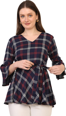 Rnfashion Casual Checkered Women Dark Blue Top