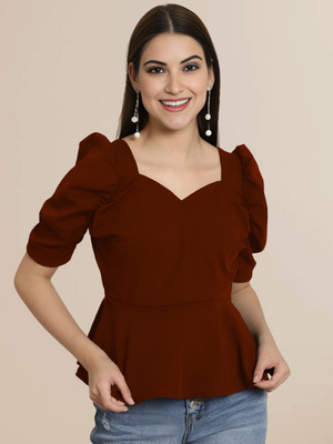 Mast & Harbour Casual Solid Women Maroon Top