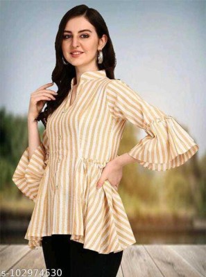 Riyu Fashion Casual Striped Women Yellow Top