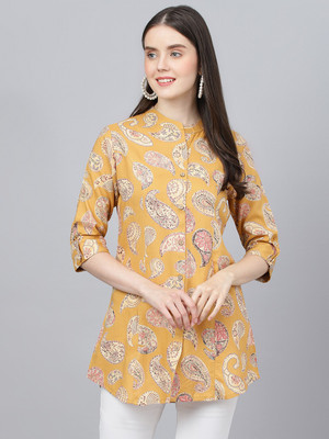 DIVENA Women Printed Casual Yellow Shirt