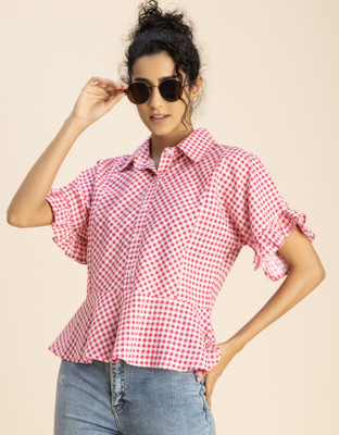 moomaya Casual Checkered Women Pink, Red, White Top
