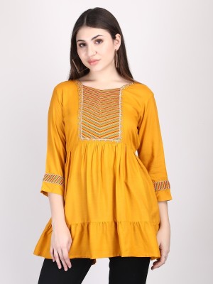 Vomira Women Embroidered Flared Kurta(Yellow)