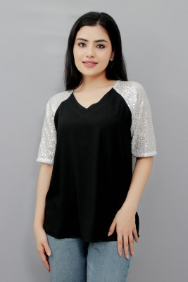 CRAZEVILLA Casual Embellished Women Black, Silver Top