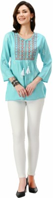 NEERACHI Casual Embroidered Women Light Blue Top