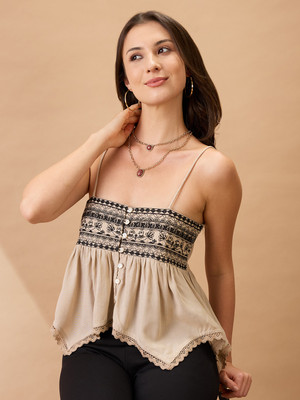 Globus Casual Embroidered Women Beige Top