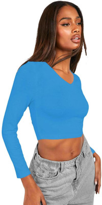 THE BLAZZE Casual Self Design Women Light Blue Top