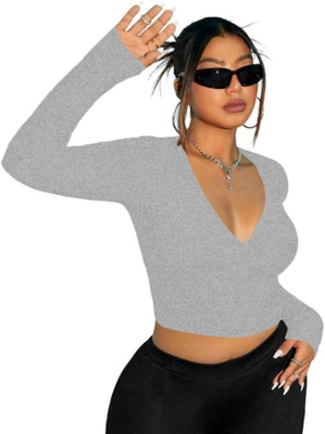 THE BLAZZE Casual Solid Women Grey Top