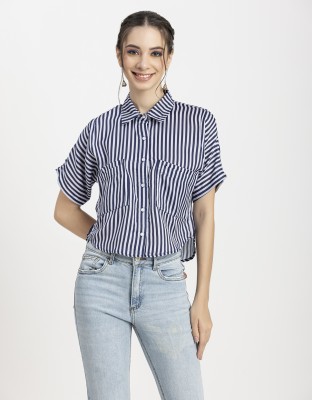 moomaya Women Solid Casual Blue, White Shirt