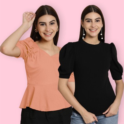 Tromko Casual Solid Women Pink, Black Top