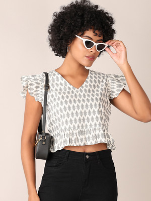 V-MART Casual Printed Women Grey Top