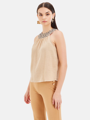 KAZO Casual Self Design Women Beige Top