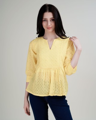 Western Lifestyles Casual Embroidered Women Yellow Top