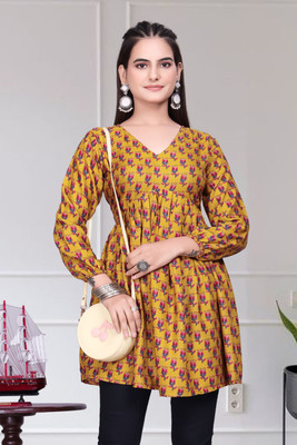 Malhaari Outfits Casual Printed Women Yellow, Red Top