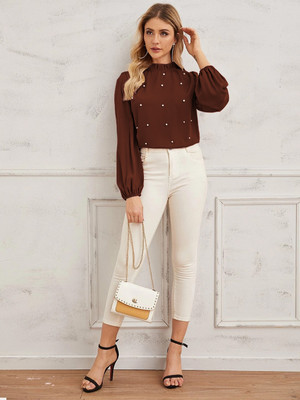 SZN Casual Solid Women Brown Top