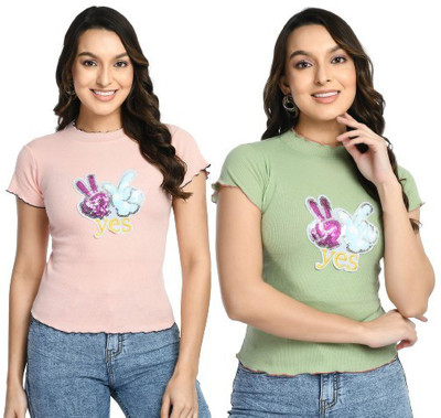 GLADLY Casual Printed Women Pink, Light Green Top