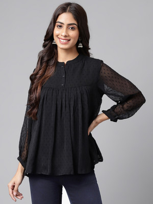 Janasya Casual Self Design Women Black Top