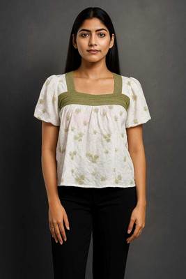 Harmi collection Casual Floral Print, Embroidered Women Blue Top