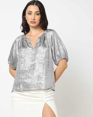 GAP Casual Solid Women Silver Top