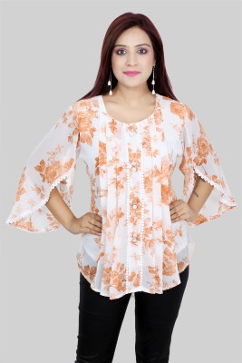 Pushbela Casual Printed Women Orange, White Top