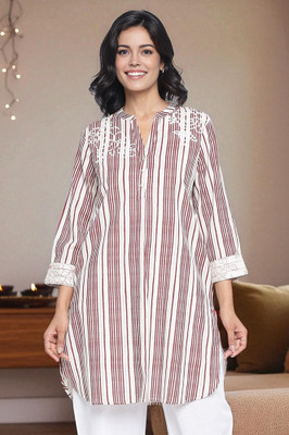 W Women Striped Straight Kurta(Brown, White)