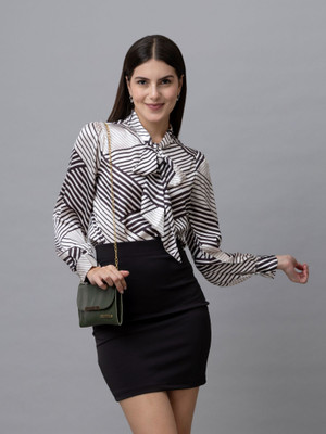 PURYS Casual Striped Women White, Black Top