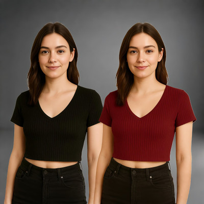 FAST CRY Casual Solid Women Black, Maroon Top