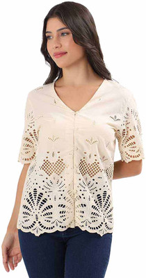 Schifley Casual Self Design Women Beige Top