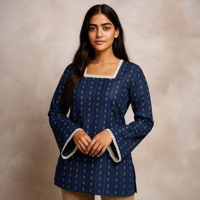 Behristore Party Ethnic Motifs, Self Design, Geometric Print Women Blue Top