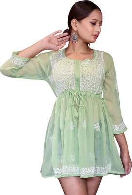 myplusfashion Casual Embroidered Women Light Green Top