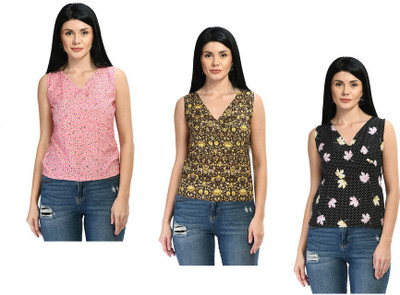IndiWeaves Casual Floral Print Women Pink, Black, Yellow Top