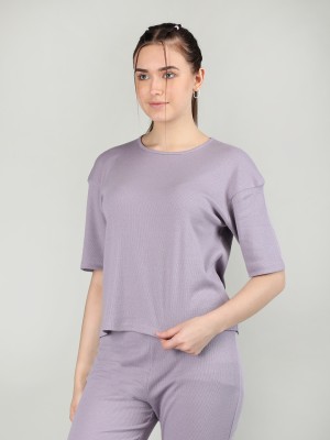 CHKOKKO Casual Solid Women Purple Top