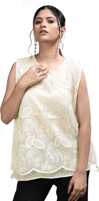MADBORN CREATION Casual Embroidered, Floral Print, Self Design Women Beige Top
