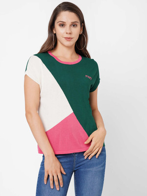 Pepe Jeans Casual Color Block Women Green Top