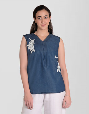 CEFALU Casual Embellished Women Blue Top